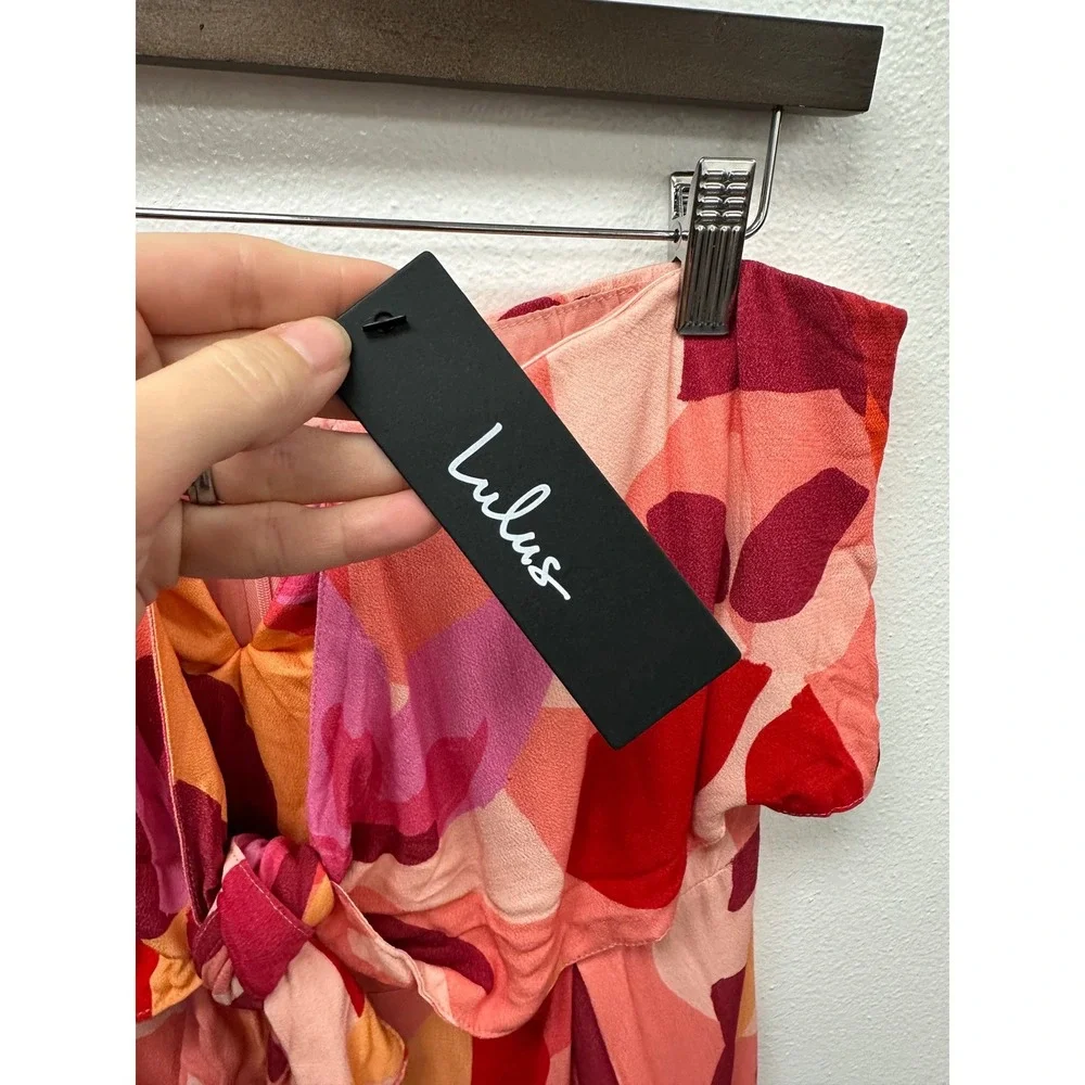 Lulus Iconic Season Pink Multi Print Strapless‎ Tie-Front Romper XL